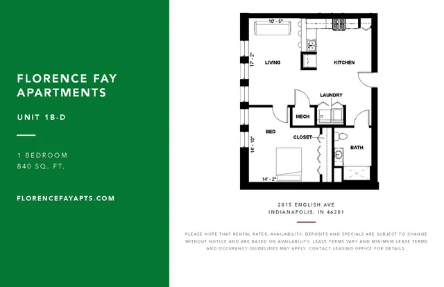 Modern floor plan of Unit 1B-D at Florence Fay Apartments featuring 1 bedroom, sleek kitchen, and spacious living area, covering 840 sq. ft.