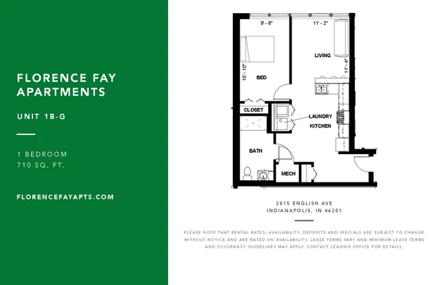 Florence Fay Apartments Unit 1B-G floor plan with 1 bedroom, spacious living area, kitchen, and laundry, totaling 710 sq. ft in Indianapolis.