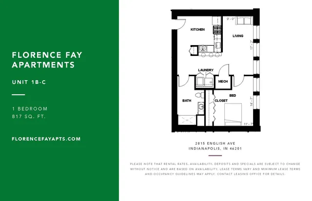 Modern 1-bedroom floor plan for Florence Fay Apartments, featuring a spacious living room, kitchen, bath, laundry area, and closet in 817 sq. ft., located in Indianapolis.