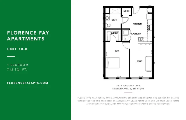 Florence Fay Apartments Unit 1B-B floor plan featuring a stylish 1-bedroom layout with modern kitchen, cozy living area, and efficient laundry space across 712 sq ft in Indianapolis.