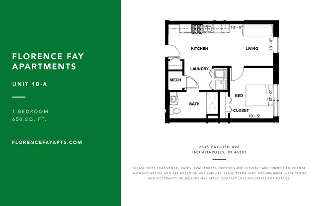 Modern floor plan of Florence Fay Apartments, Unit 1B-A, featuring a spacious 1-bedroom layout with a kitchen, living area, and laundry, covering 650 sq. ft. in Indianapolis.