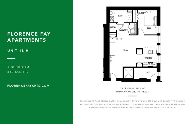 Modern Florence Fay Apartments floor plan of Unit 1B-H, featuring 1 bedroom, spacious living area, kitchen, and laundry space across 840 sq. ft. in Indianapolis.
