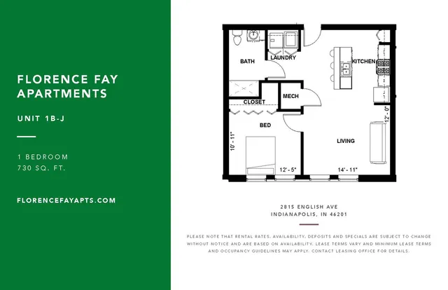 Modern floor plan for Florence Fay Apartments Unit 1B-J, featuring 1 spacious bedroom, open living area, and kitchen in 730 sq. ft. Located in Indianapolis.