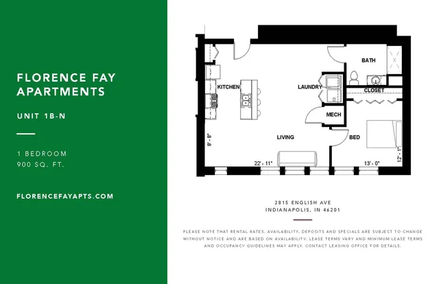 Florence Fay Apartments Unit 1B-N floor plan, showcasing a modern 1-bedroom layout with an open living space and kitchen, including a convenient laundry area, at 900 sq. ft. in Indianapolis.