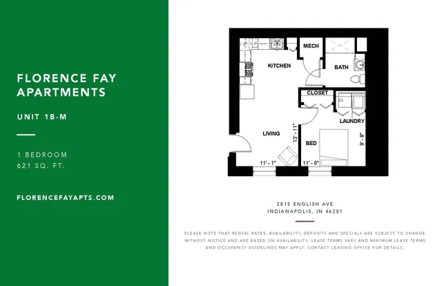 Chic floor plan of Florence Fay Apartments Unit 1B-M, showcasing a 1-bedroom layout with modern living room, efficient kitchen, and convenient laundry space in 621 sq. ft., located in Indianapolis.