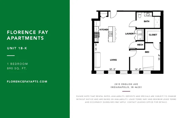 Florence Fay Apartments Unit 1B-K floor plan showcasing a modern 1-bedroom layout with spacious living area, kitchen, and dedicated laundry space, totaling 890 sq. ft in Indianapolis.