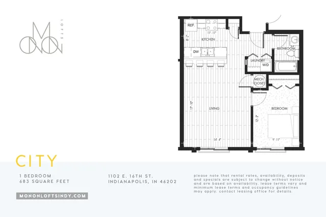 Modern 1-bedroom floor plan at Monon Lofts with spacious living area, efficient kitchen, and in-unit laundry, located in Indianapolis, 683 square feet.