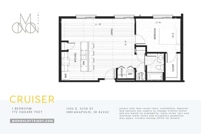Contemporary \'Cruiser\' floor plan with 1 bedroom, cozy living space, modern kitchen, and laundry area in 772 square feet, Indianapolis.