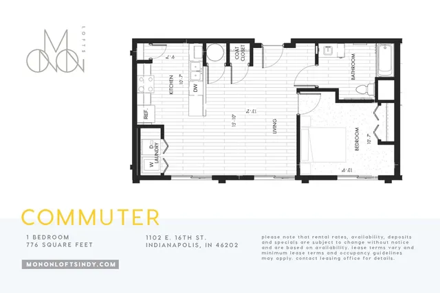Chic floor plan for The Commuter layout offering 1 bedroom, modern kitchen, and open living space in Indianapolis, 776 square feet.