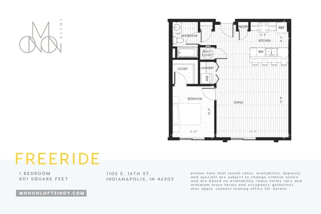 Contemporary 1-bedroom apartment floor plan with an open living area, modern kitchen, and convenient laundry space in Indianapolis.
