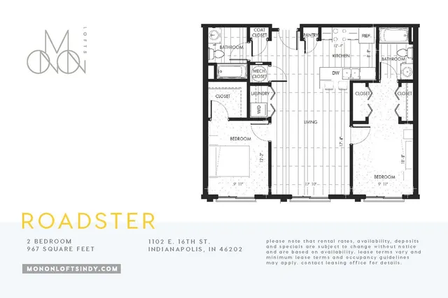 Inviting Roadster floor plan featuring 2 spacious bedrooms, modern kitchen, and open living area in Indianapolis, 967 square feet.