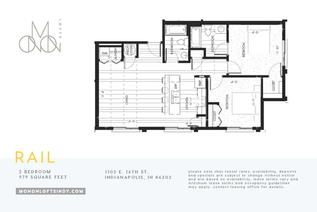 Chic floor plan showcasing 2 bedrooms, open living area, modern kitchen, and laundry space within 979 square feet in Indianapolis.