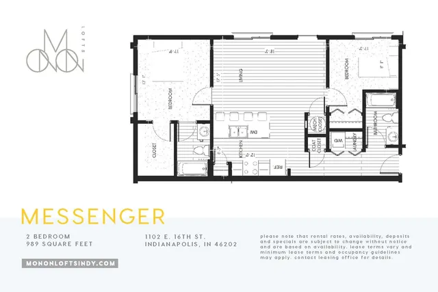 Elegant Messenger floor plan showcasing 2 bedrooms, open living area, and modern kitchen in Indianapolis, 989 sq ft.