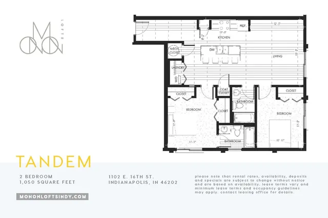 Tandem floor plan showcasing 2 bedrooms, spacious living area, and modern kitchen in Indianapolis, 1,050 sq ft.