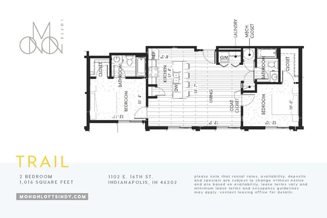 Modern floor plan of Trail model offering 2 spacious bedrooms, an open-concept kitchen and living area, totaling 1,016 sq ft in Indianapolis.