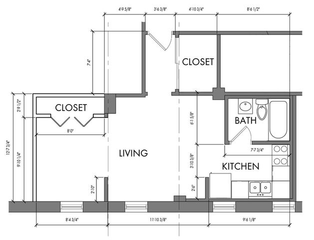 Elegant floor plan featuring a spacious living area, modern kitchen, bathroom, and ample storage with two closets.