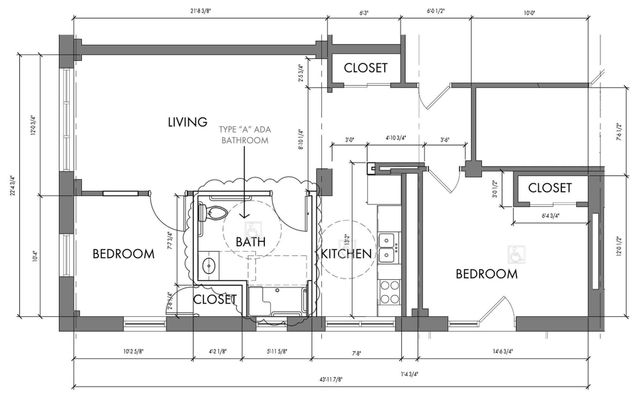 Inviting floor plan featuring 2 bedrooms, a bathroom, a kitchen, and a spacious living area with ample closet space.