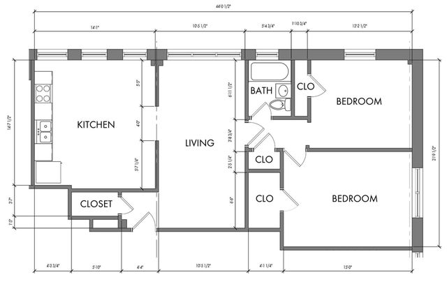 Contemporary floor plan showcasing 2 spacious bedrooms, a modern kitchen, and a large living area with ample natural light.