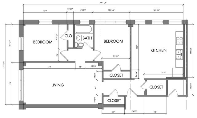 Contemporary floor plan featuring two spacious bedrooms, a modern kitchen, and a cozy living area with generous closet space.