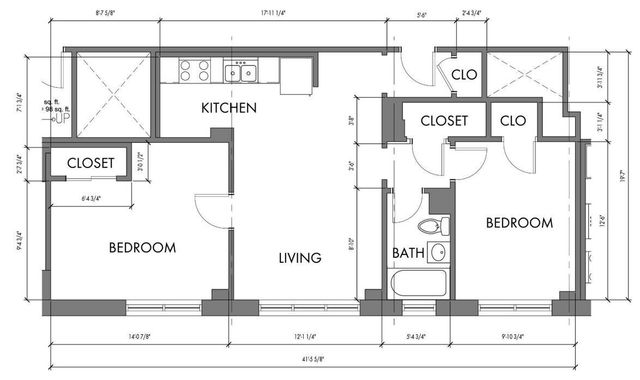 Modern 2-bedroom apartment floor plan featuring a spacious living room, functional kitchen, and ample closet space.