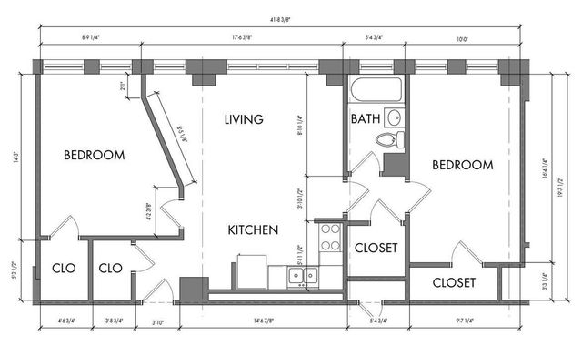 Chic 2D apartment floor plan showcasing 2 bedrooms, modern kitchen, spacious living area, and bathroom with ample closet space.