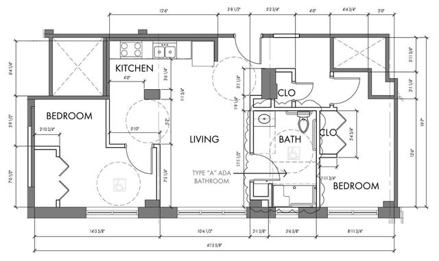 Modern floor plan showcasing 2 bedrooms, a well-appointed kitchen, a spacious living area, and a Type A ADA bathroom.