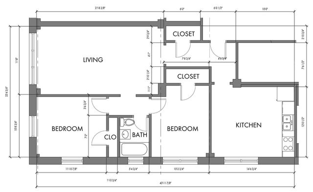 Chic 2D floor plan showcasing a bright 2-bedroom layout with a spacious living area, modern kitchen, and ample closet space.
