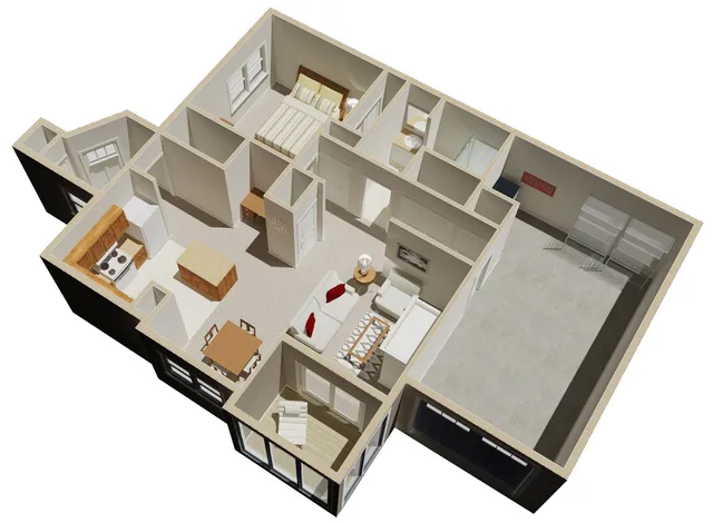 Modern 3D floor plan showcasing a spacious 1-bedroom apartment with open living area, kitchen with island, cozy dining space, and a large balcony.