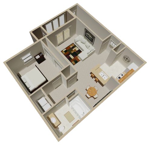 Modern 3D floor plan showcasing a cozy one-bedroom apartment with an inviting living room, stylish kitchen, and elegant bathroom.
