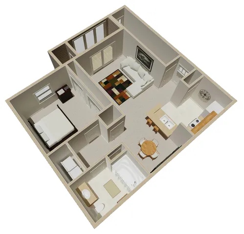 Modern 3D apartment floor plan with 1 bedroom, inviting living room, stylish kitchen, and elegant bathroom.