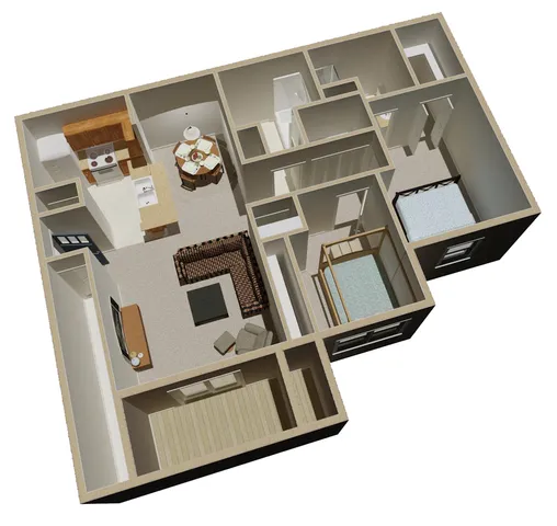 Modern 3D floor plan showcasing a vibrant living room, sleek kitchen with dining area, and two cozy bedrooms.