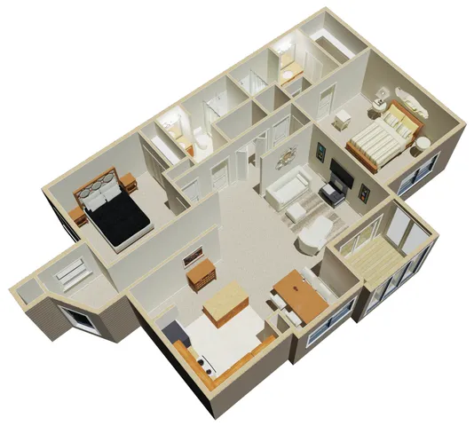 Modern 3D floor plan showcasing 2 spacious bedrooms, a cozy living room, a functional kitchen, and a charming balcony.