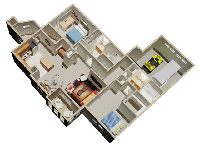 Modern 3D floor plan showcasing 3 bedrooms, an inviting living room, and a sleek kitchen, complemented by an integrated garage space.