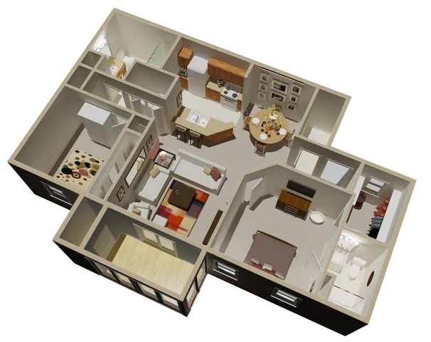 Modern 3D floor plan showcasing a cozy apartment with a stylish kitchen, inviting living room, charming dining area, and spacious bedroom.