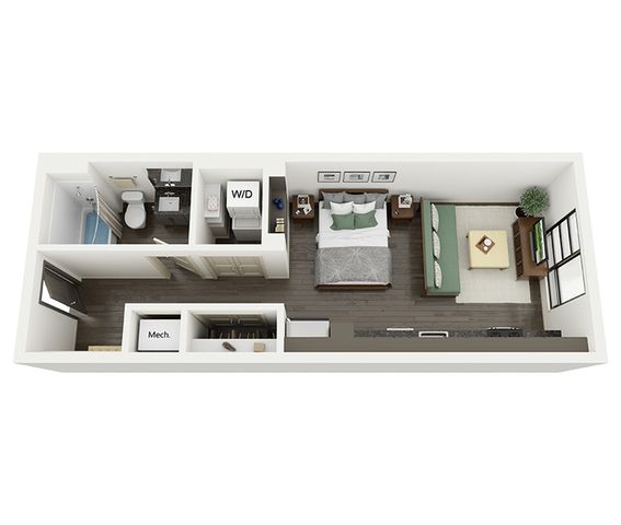 Modern studio apartment floor plan with a cozy bedroom, spacious living area, stylish kitchen, and well-appointed bathroom.