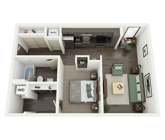 Chic 1-bedroom apartment floor plan with modern kitchen, cozy living area, and in-unit washer/dryer.