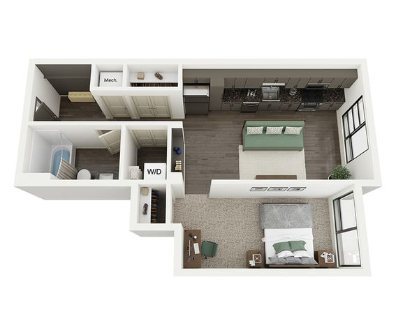 Modern 3D floor plan showcasing an open-plan living area, sleek kitchen, cozy bedroom, and stylish bathroom. Includes washer/dryer unit and ample storage.