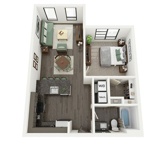 Contemporary 1-bedroom apartment floor plan featuring an open-concept living area, modern kitchen with island, and a cozy bedroom next to a sleek bathroom.