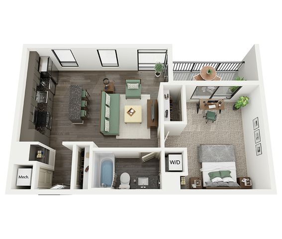 Modern 1-bedroom apartment floor plan featuring an open living area, sleek kitchen with island, and a cozy balcony.