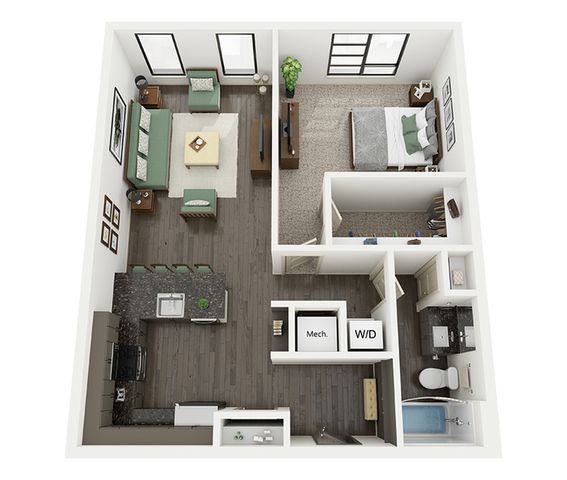 Chic 3D floor plan of a one-bedroom apartment featuring an open-concept living area, modern kitchen, and bathroom, with natural light and thoughtful layout.