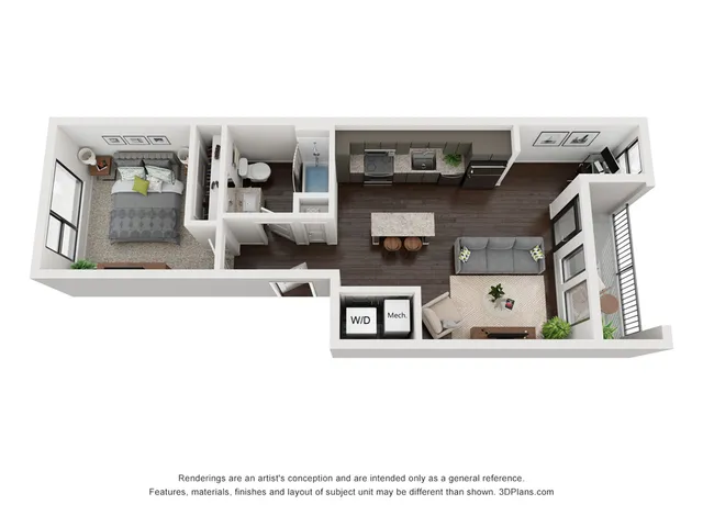 Modern 1-bedroom apartment floor plan featuring an open-concept kitchen, cozy living area, and sleek bathroom design.