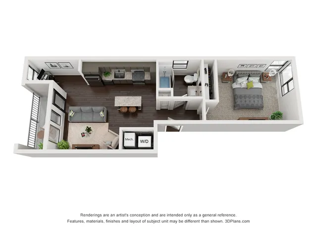 Modern 3D floor plan featuring 1-bedroom apartment with spacious living area, sleek kitchen, and cozy bedroom.