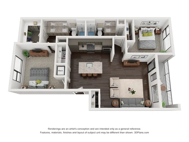 Modern 3D floor plan with two bedrooms, two bathrooms, an open-concept kitchen, and a cozy living area, perfect for stylish urban living.