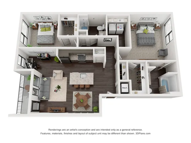 Modern 3D floor plan showcasing 2 spacious bedrooms, an inviting open-concept living area, gourmet kitchen with sleek appliances, and a stylish dining space. Perfect blend of comfort and elegance.
