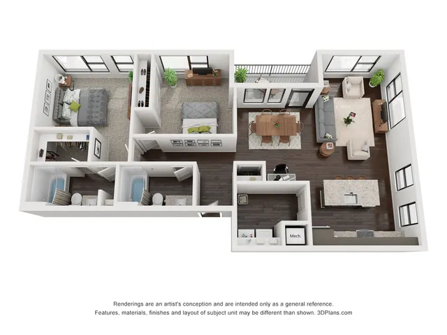 Elegant 3D floor plan showcasing 2 bedrooms, 2 bathrooms, open-concept living room, and modern kitchen with sleek finishes.