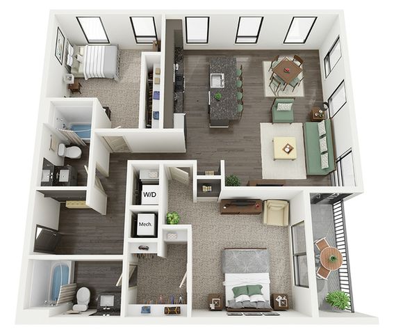 Modern 3D floor plan featuring two spacious bedrooms, a sleek open-concept living and dining area with a contemporary kitchen, and two stylish bathrooms.