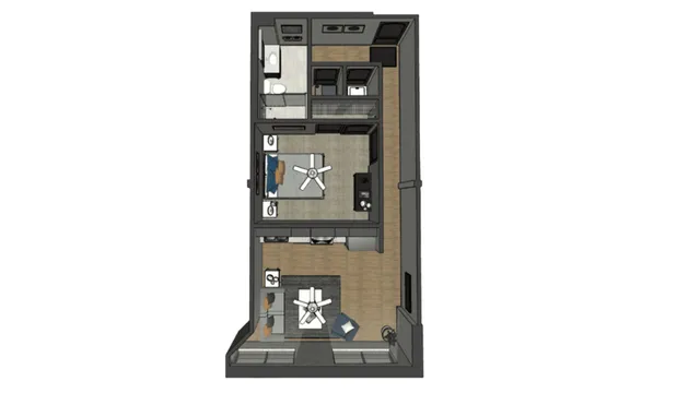 Modern floor plan showcasing an open-concept apartment with a bedroom, sleek kitchen, cozy living area, and elegant bathroom.