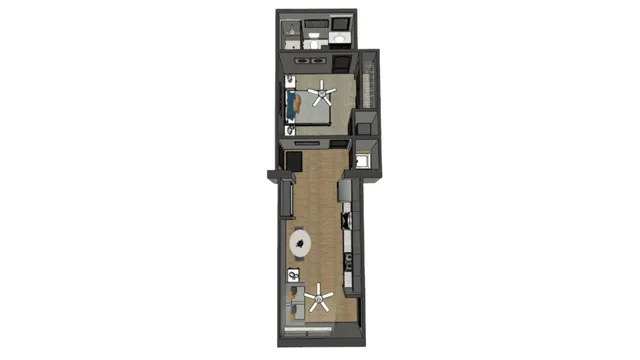Modern 2D floor plan showcasing one bedroom, a spacious bathroom, and an open kitchen-living area layout with contemporary design.