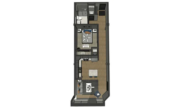 Chic floor plan showcasing a 1-bedroom apartment with open-plan living area, modern kitchen, and cozy dining space.