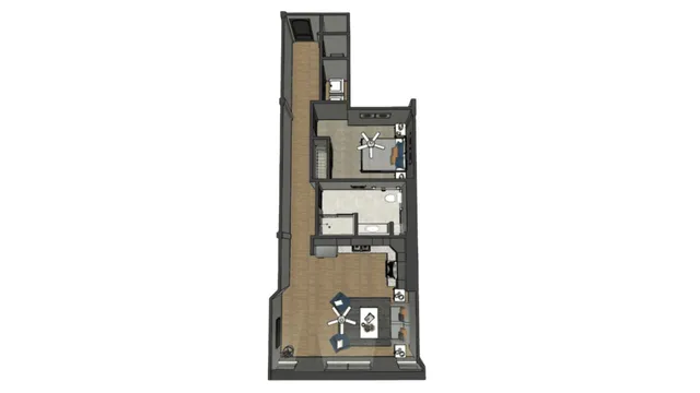 Modern apartment floor plan with one bedroom, sleek kitchen, spacious living area, and luxurious bathroom.